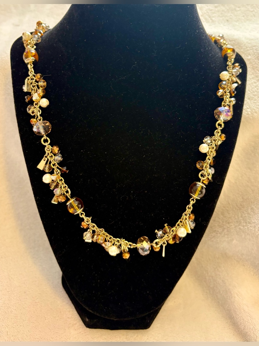 Talbots Gold-Tone Charm Necklace with Amber and Ivory Beads